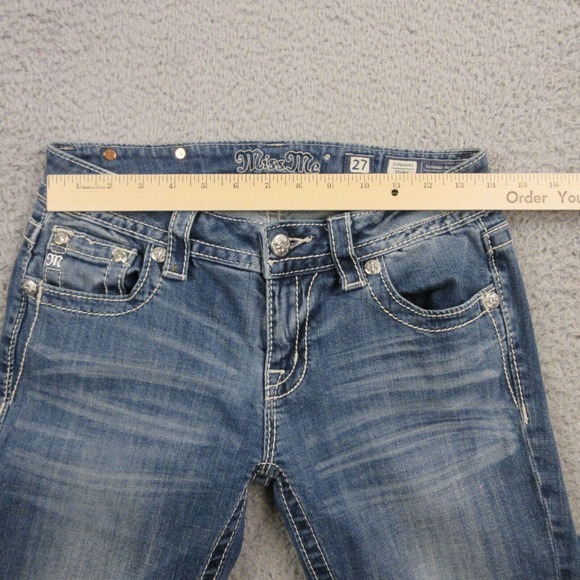 Miss Me Signature Skinny Jeans size 27 x 32 Low Rise Cross Studs Rhinestones Y2K - Picture 10 of 13